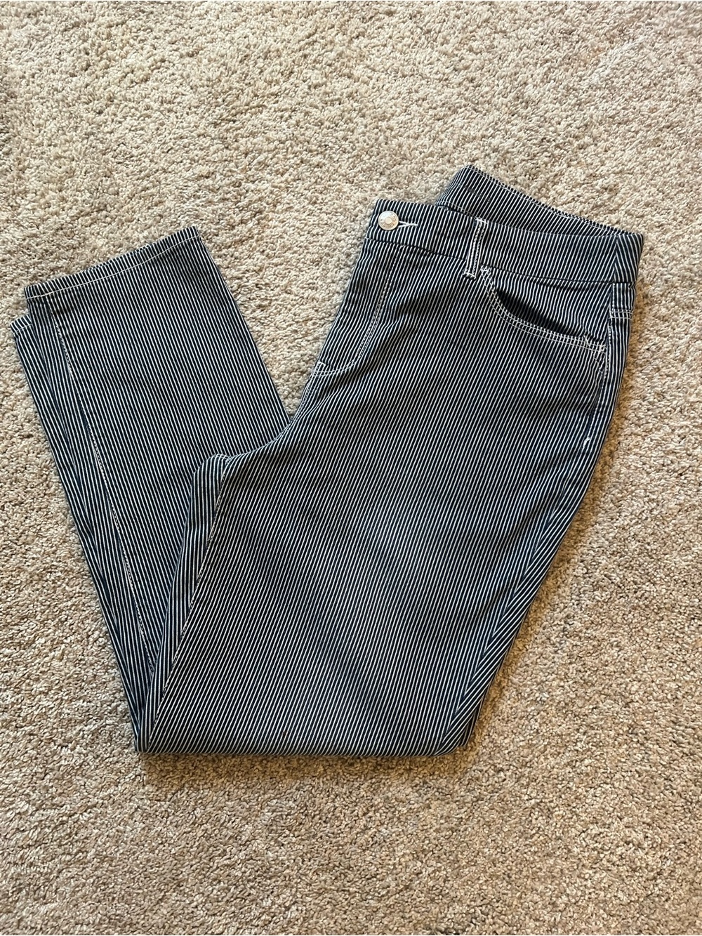 Chico’s Girlfriend Slim Leg Ankle Pants Blue White Pinstripe Stretch Sz 1.5/10/M